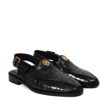 Black Crossed Design Peshawari Sandals Light Weight Deep Cut Croco Textured Leather