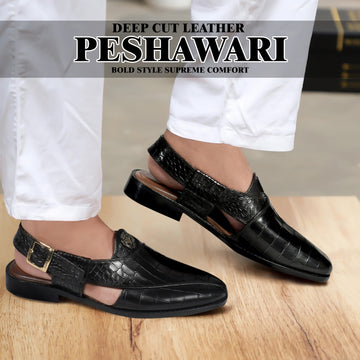 Black Crossed Design Peshawari Sandals Light Weight Deep Cut Croco Textured Leather