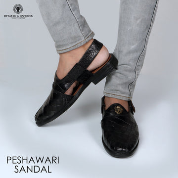 Black Crossed Design Peshawari Sandals Light Weight Deep Cut Croco Textured Leather