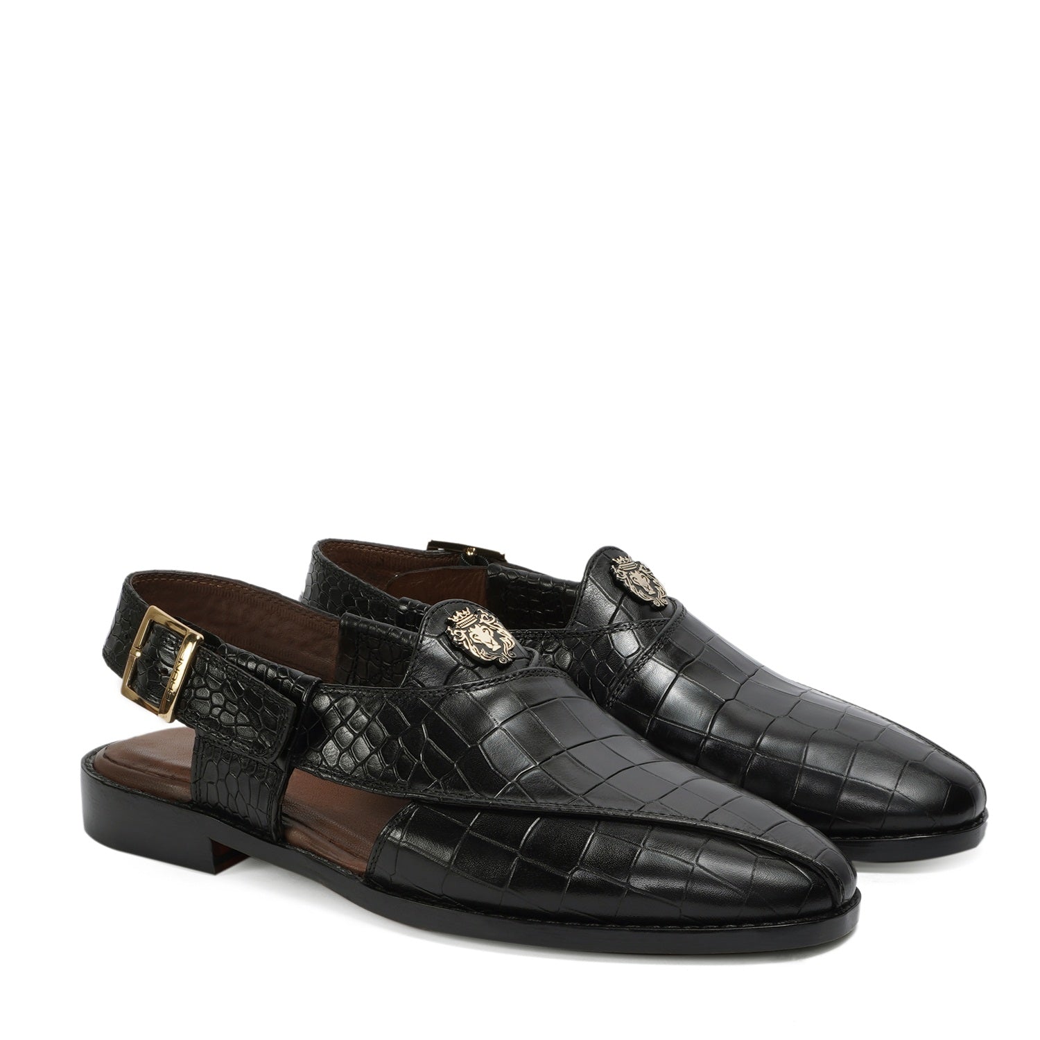 Black Crossed Design Peshawari Sandals Light Weight Deep Cut Croco Textured Leather