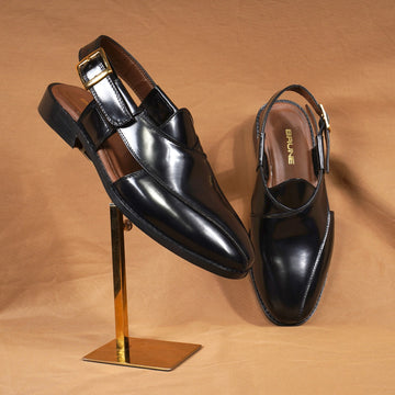 Black Cross-Strap Men's Peshawari Sandals with Leather Sole