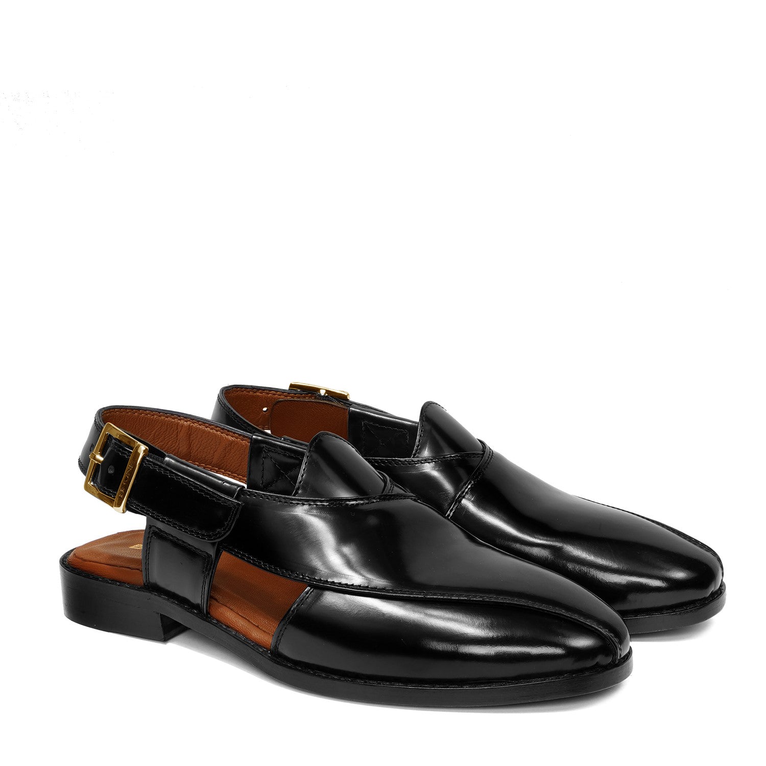 Black Cross-Strap Men's Peshawari Sandals with Leather Sole
