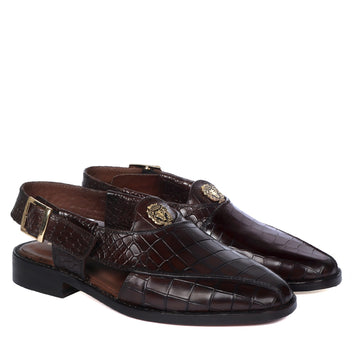 Light Weight Peshawari Sandals Cross Design Dark Brown Deep Cut Croco Textured Leather