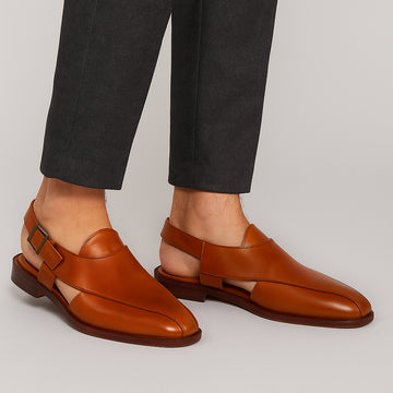 Cross Strap Tan Leather Peshawari Sandals for Men