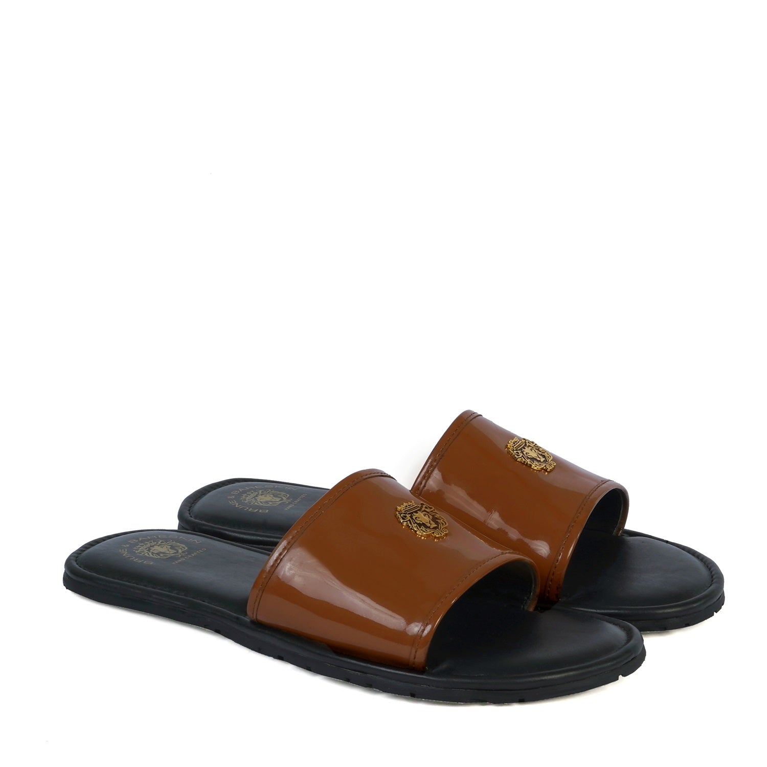 Tan Brush-Off Black Base With Golden Lion logo Leather Slide-In-Slippers