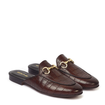 Dark Brown Leather Mules in Deep Cut Leather With Horse-bit Detailing