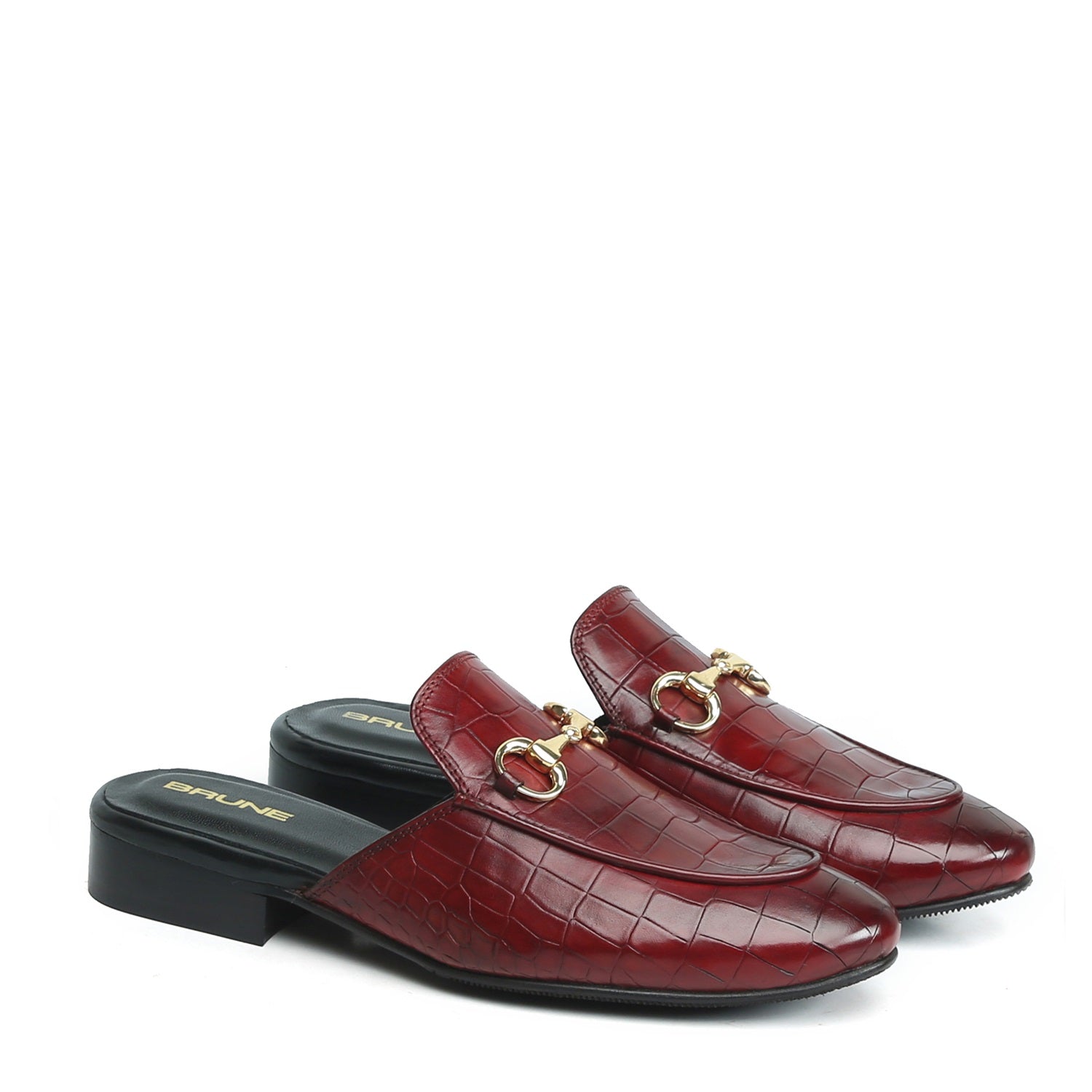 Wine Horse-bit Detailing Mules in Deep Cut Croco Textured Leather