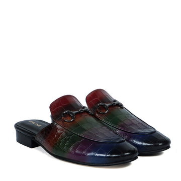 Hand-Painted Multi-Color Mules in Deep Cut Croco Textured Leather