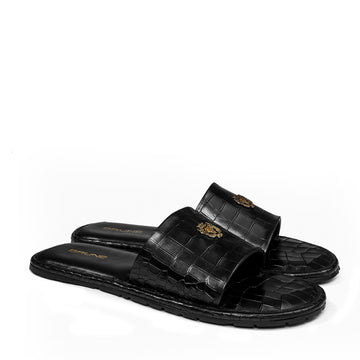 Black Leather Slide-In-Slippers