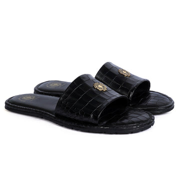 Golden Lion Logo Unique Look Black Deep cut Textured Leather Slide-In-Slipper