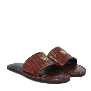 Tan Leather Whole Deep Cut Croco Slide-In-Slippers