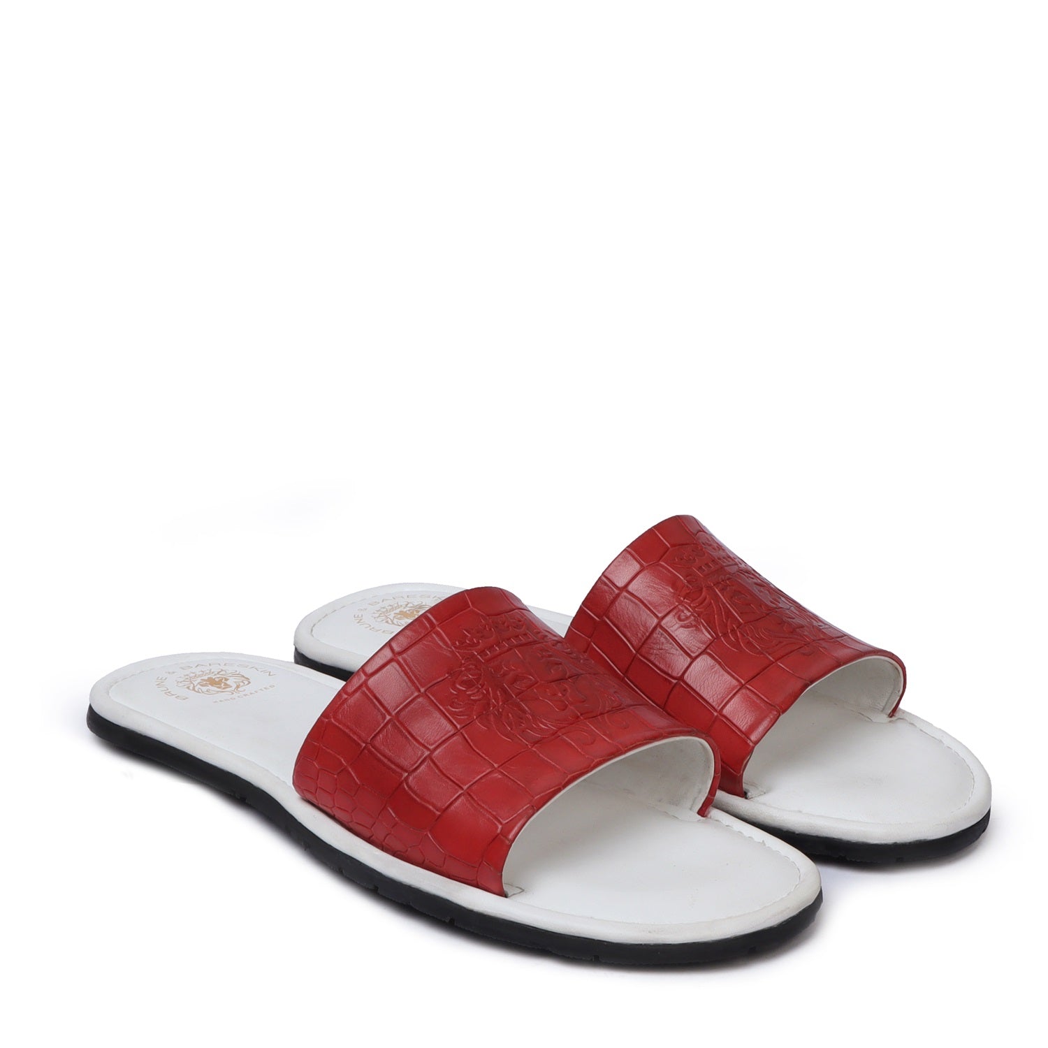 Dual Color Red/White Whole Deep Cut Croco Leather Slide-In-Slippers by Brune & Bareskin