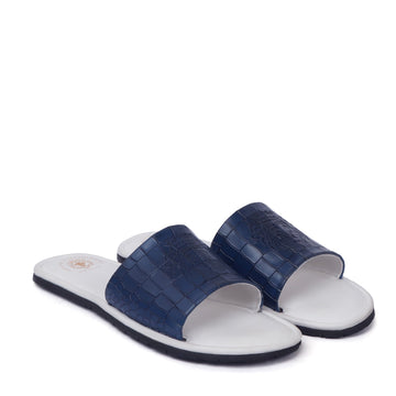 Blue Embossed Lion Deep Cut Strap White Leather Slide-In-Slippers