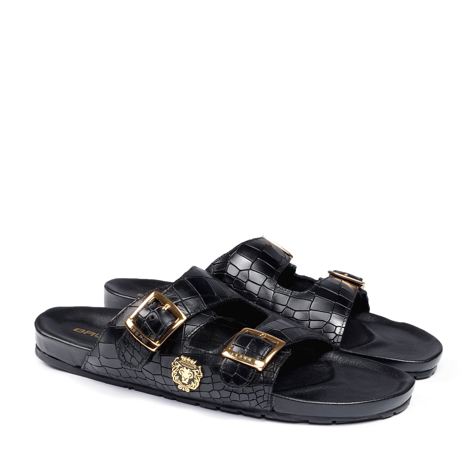 Adjustable Buckle Slide-in Slippers in Black Croco Textured Leather