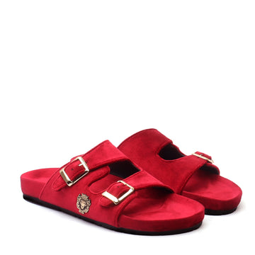 Red Italian Velvet Slippers with Adjustable Buckle Strap