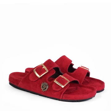 Red Italian Velvet Slippers with Adjustable Buckle Strap