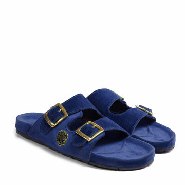 Buckled Slide-in Slippers in Blue Italian Velvet Material