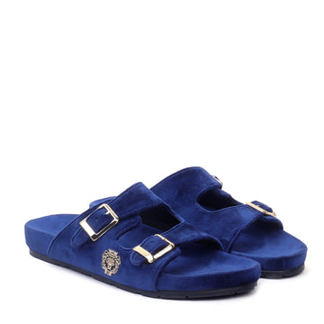 Buckled Slide-in Slippers in Blue Italian Velvet Material