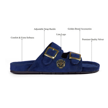 Buckled Slide-in Slippers in Blue Italian Velvet Material