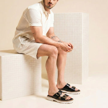 Premium Chunky White Sole Black Croco Leather Slide in Slippers