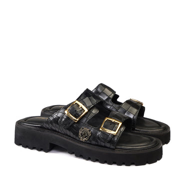 Chunky Sole Slide-in Slippers in Black Cut Croco Textured Leather