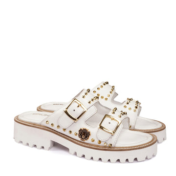 Premium White Leather Slide-in Slippers with Golden Studds