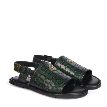 Wide Toe Smokey Green Deep Cut Croco Textured Leather Buckle Strap Mens Sandal By Brune & Bareskin