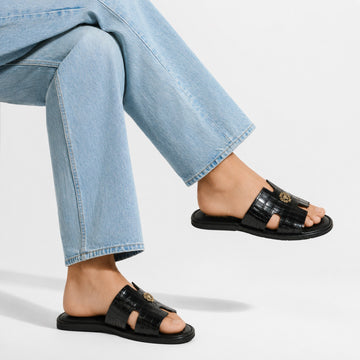 Black Deep Cut Croco Leather Slide-In-Slipper With Metal Lion Logo
