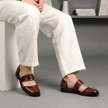 Tan Wine Rounded Toe Peshawari Sandals with Cutout & Brogue Detailing