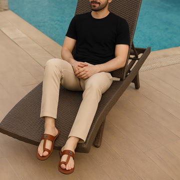 Tan T-Bar Slide-In-Slippers with Metal Lion Logo