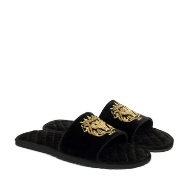 Italian Velvet Slide In Slippers With Quilted Stitched Zardosi Lion