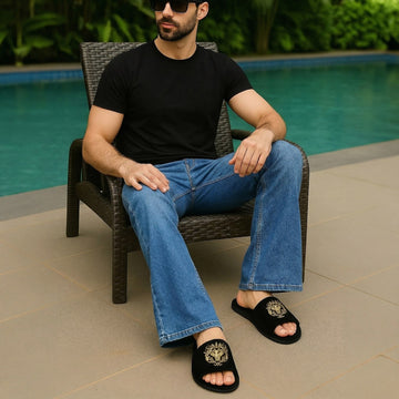 Italian Velvet Slide In Slippers With Quilted Stitched Zardosi Lion