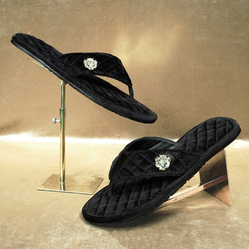 V-Strap Italian Velvet Slippers in Black Full Quilted Stitched Pattern
