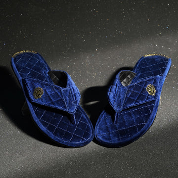 V-Strap Slide-in-Slippers in Blue Soft Italian Velvet