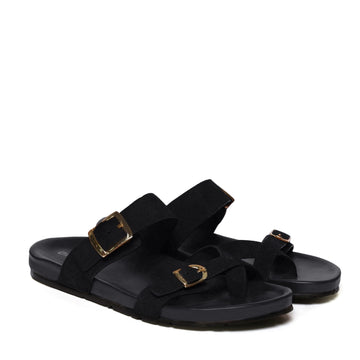 Black Suede Leather Slipper With Double Golden Buckle