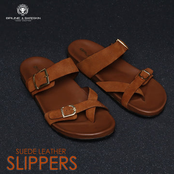 Tan Men's Suede Leather Slipper With Double Golden Buckle