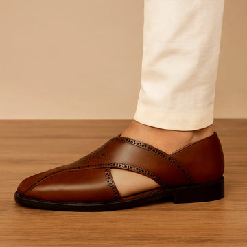 Men's Peshawaris With Handcrafted Brogue Design Cognac Leather