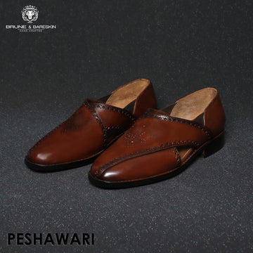 Men's Peshawaris With Handcrafted Brogue Design Cognac Leather