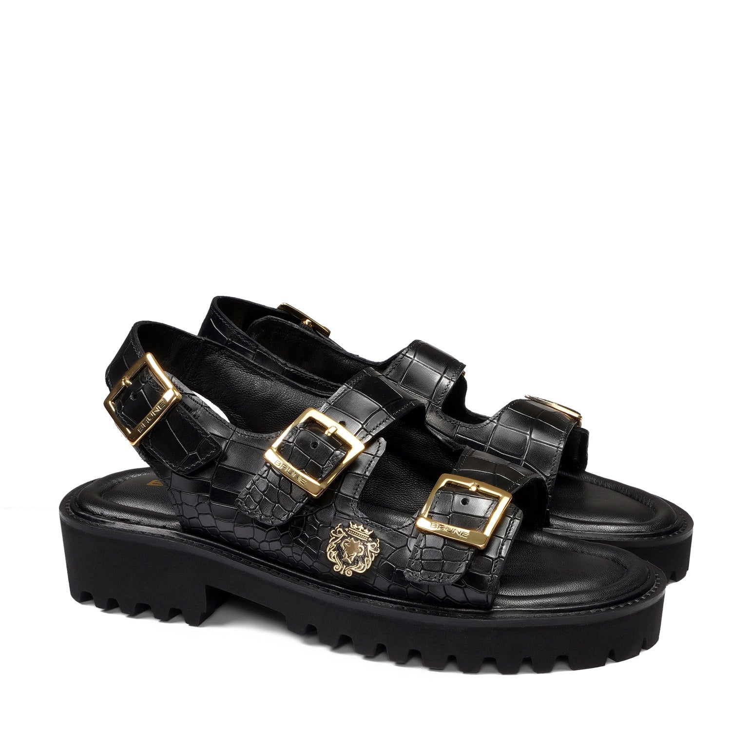 Men's chunky sole sandals in Black Deep Cut Leather