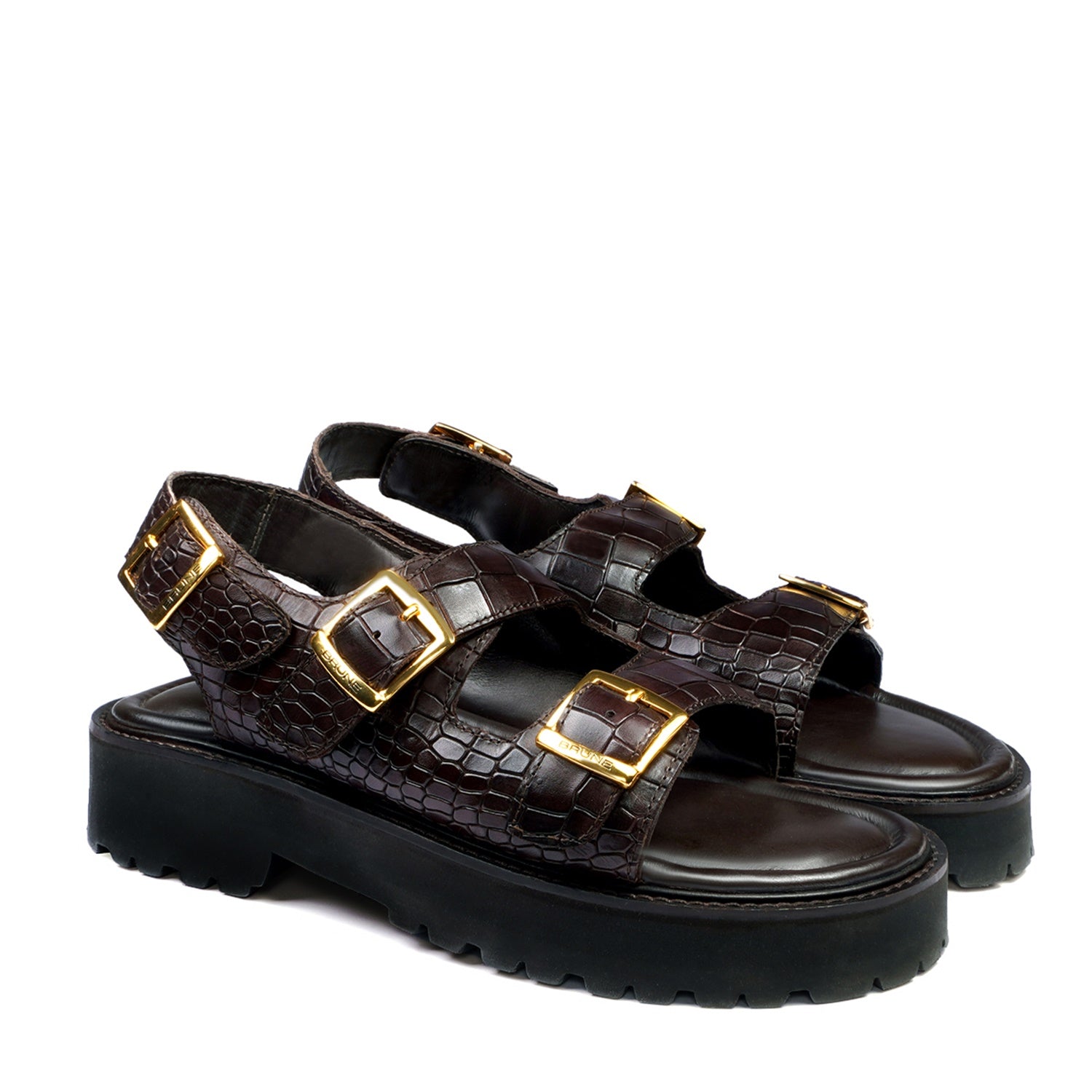 Men's chunky sole sandals in Dark Brown Deep Cut Leather