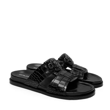 Broader Toe Strap Slippers in Black Leather