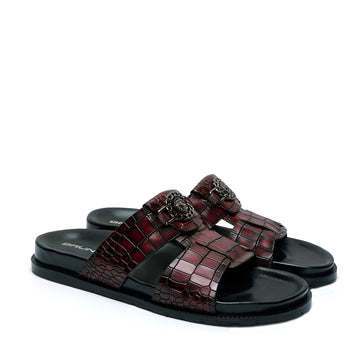Pass Through Broader Toe Strap Leather Slippers in Wine Leather