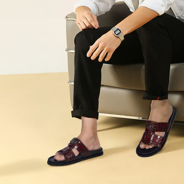 Pass Through Broader Toe Strap Leather Slippers in Wine Leather