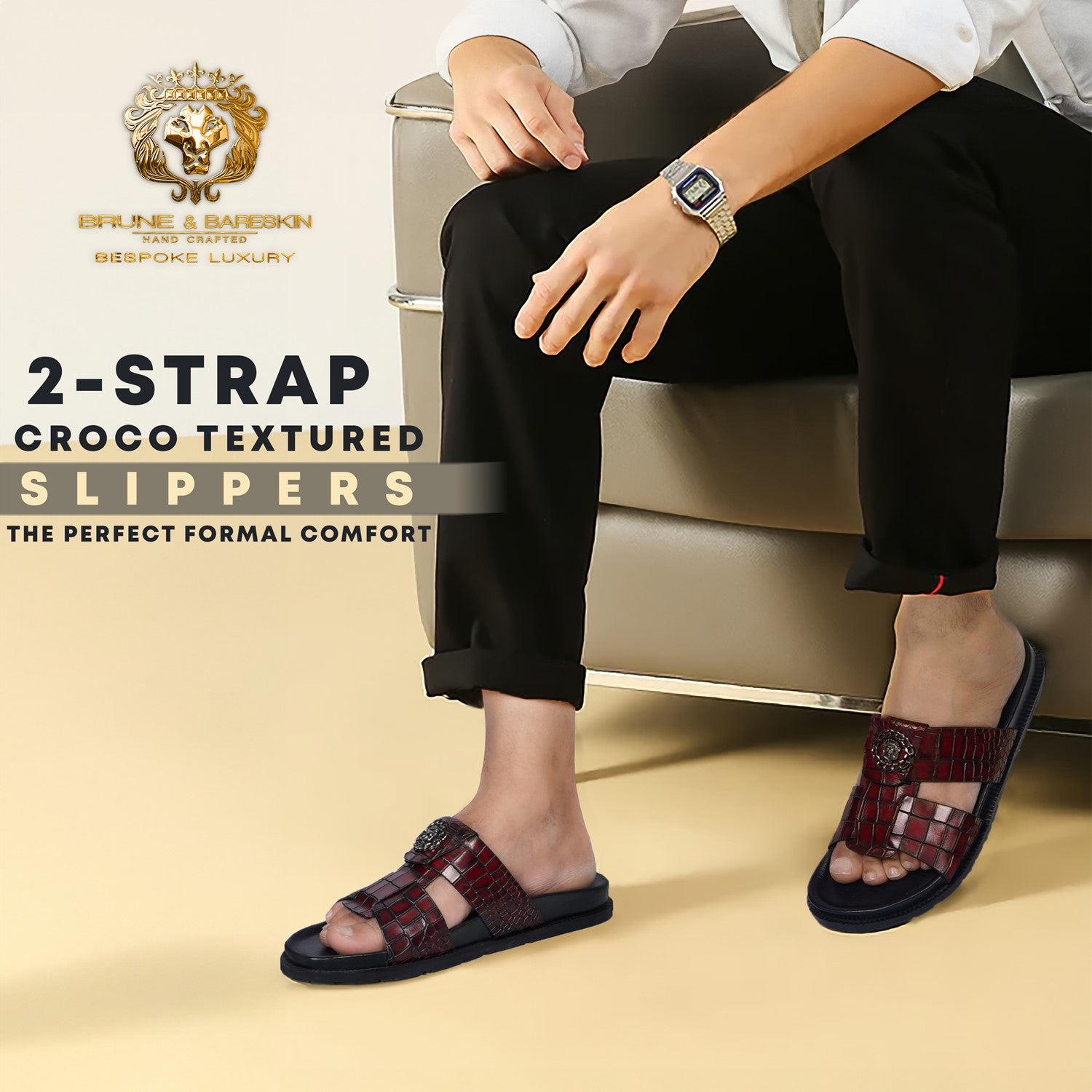 Pass Through Broader Toe Strap Leather Slippers in Wine Leather 