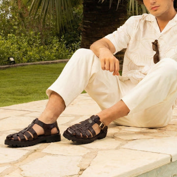 Embossed Dark Brown Cage Sandals