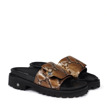 Snake Textured Flip-Flop Chunky Sole Slippers with Adjustable Flap