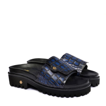 Adjustable Strap Flip-Flop Chunky Sole Slipper in Blue Leather