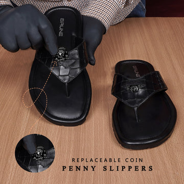 Gunmetal Replaceable Lion Penny Slipper in Black Leather