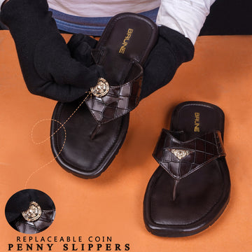 V-Strap Replaceable Lion Penny Slipper in Dark Brown Leather
