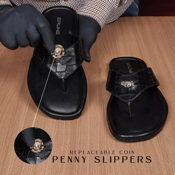 Replaceable Trademark Gold Lion Penny V-Strapped Slide-in Slipper